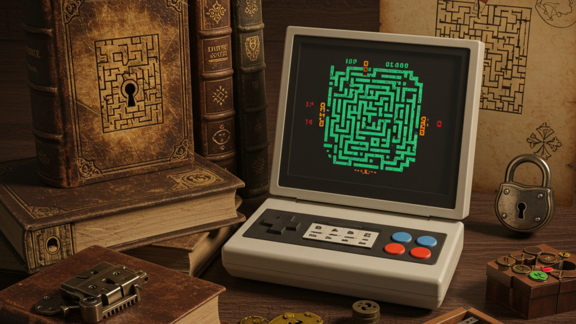 escape room puzzle books and computer with a puzzle on