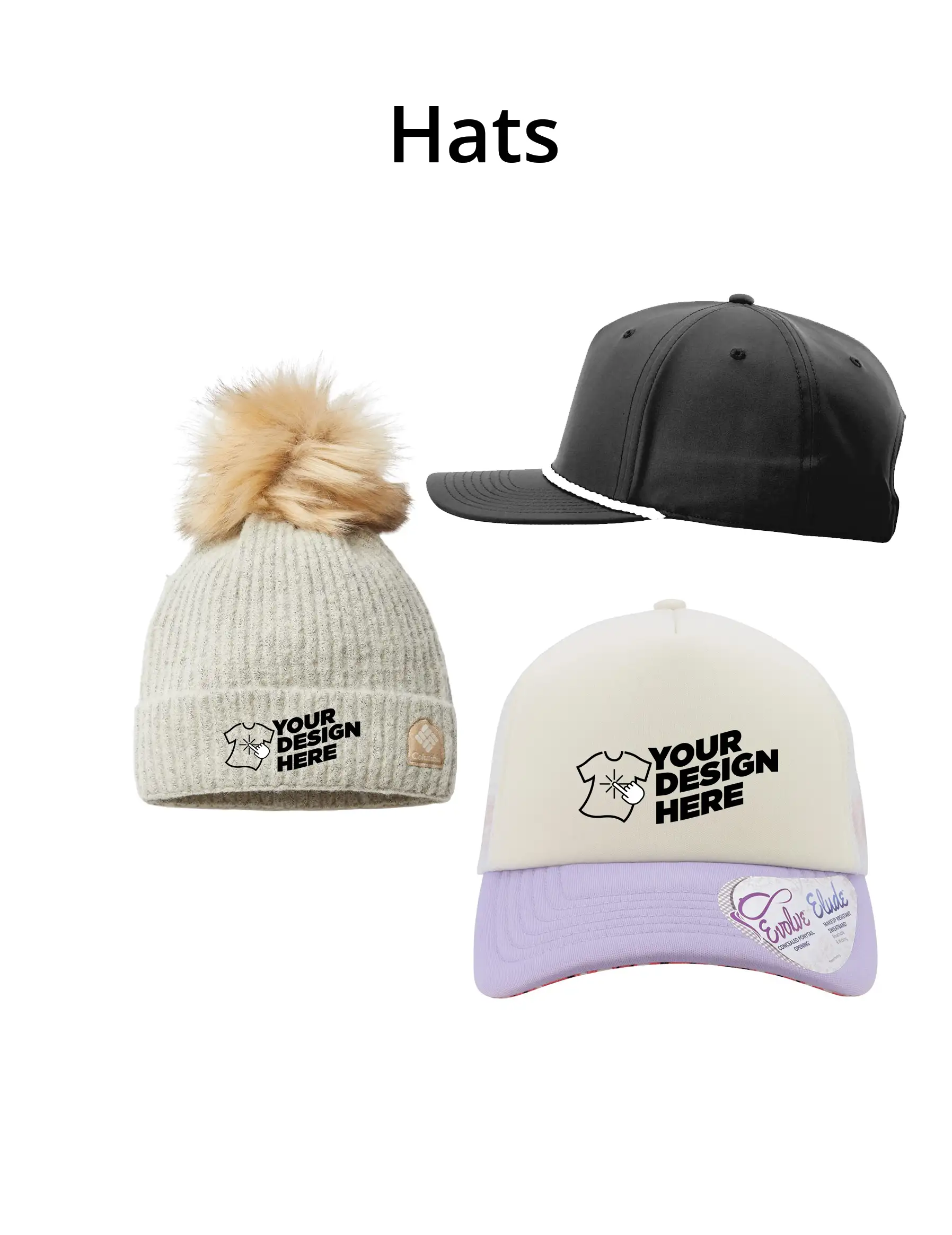 Custom hats available to choose and decorate with your own logo or design