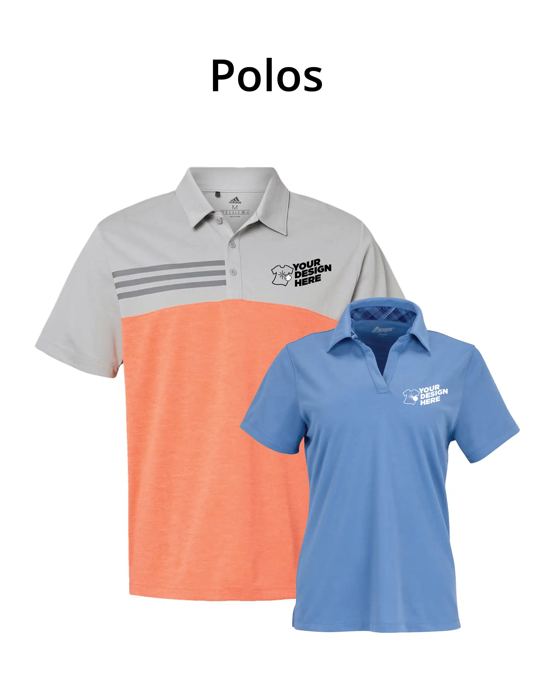 Custom polo shirts available to choose and decorate with your own logo or design