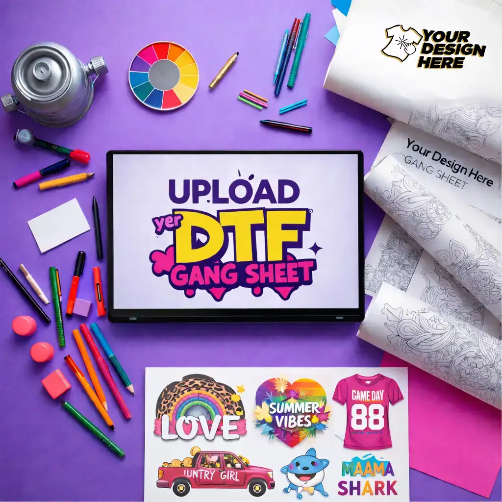 Flat lay workspace with tablet displaying “Upload Your DTF Gang Sheet,” surrounded by colorful art supplies and printed DTF transfer designs on a bright yellow background.