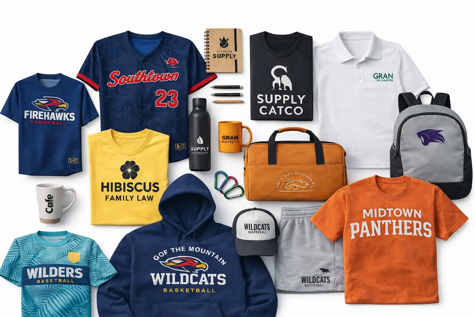 Custom Jerseys & Player Packs | Fast Turnaround Team Apparel Flat lay of custom sports jerseys, hoodies, t-shirts, duffel bags, backpacks, and branded promotional products arranged on a neutral background for team apparel and player pack marketing.