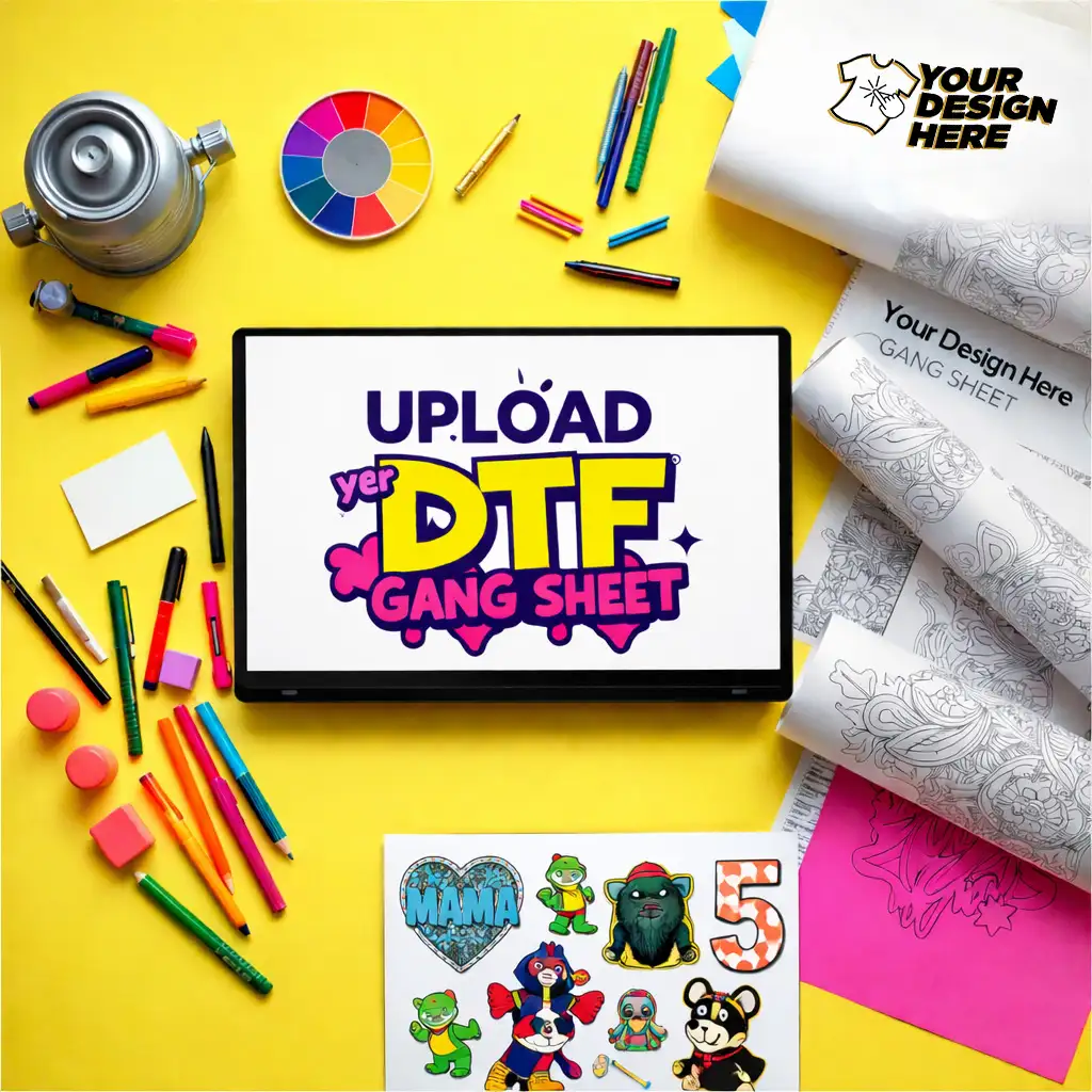 Flat lay workspace with tablet displaying “Upload Your DTF Gang Sheet,” surrounded by colorful art supplies and printed DTF transfer designs on a bright yellow background.