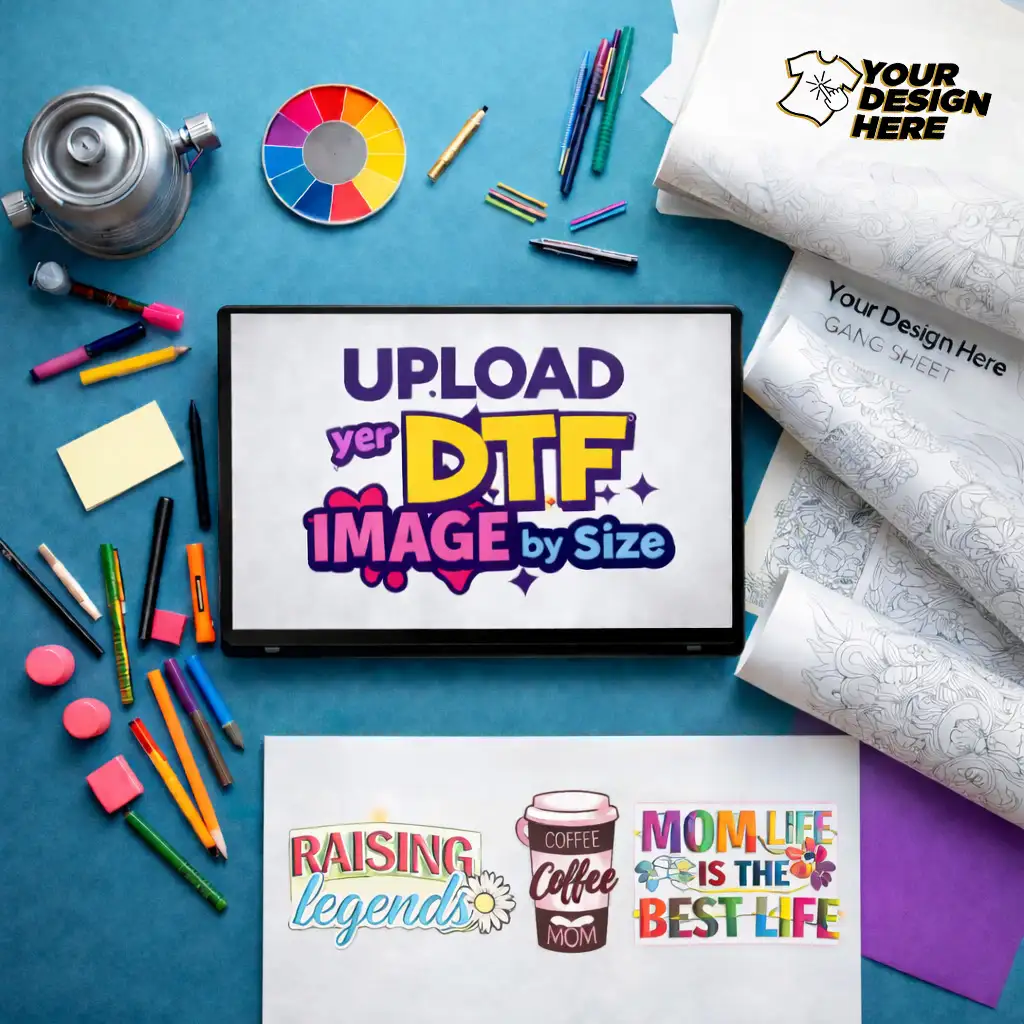 Flat lay workspace with tablet displaying “Upload yer DTF Image by Size” surrounded by art supplies and mom-themed DTF transfer designs including Raising Legends, Coffee Mom, and Mom Life graphics.