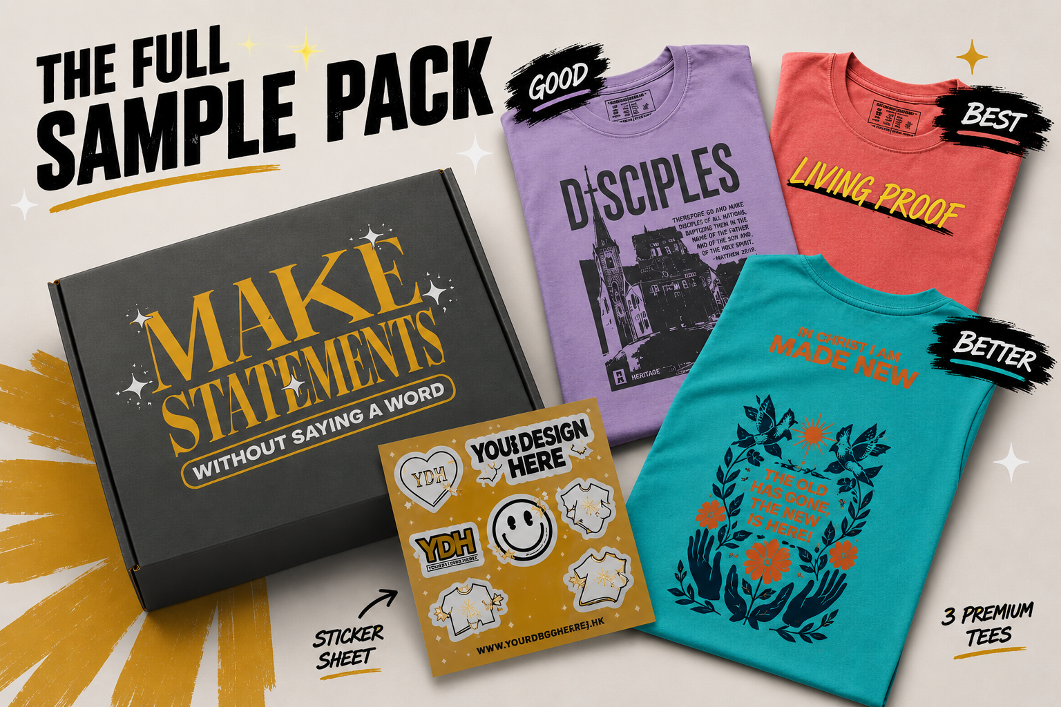 Custom church apparel sample pack featuring a branded shipping box, sticker sheet, and three premium Christian T-shirts displayed in a 3D product mockup on a white background.