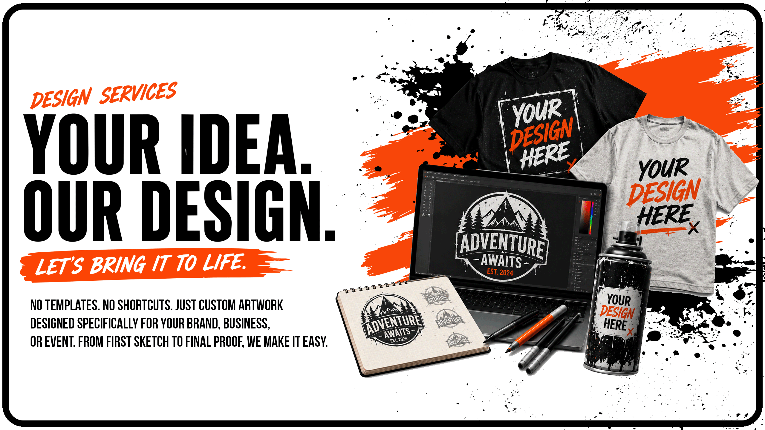 Custom graphic design services for apparel, t-shirts, promotional products, and branded merchandise starting at $35.