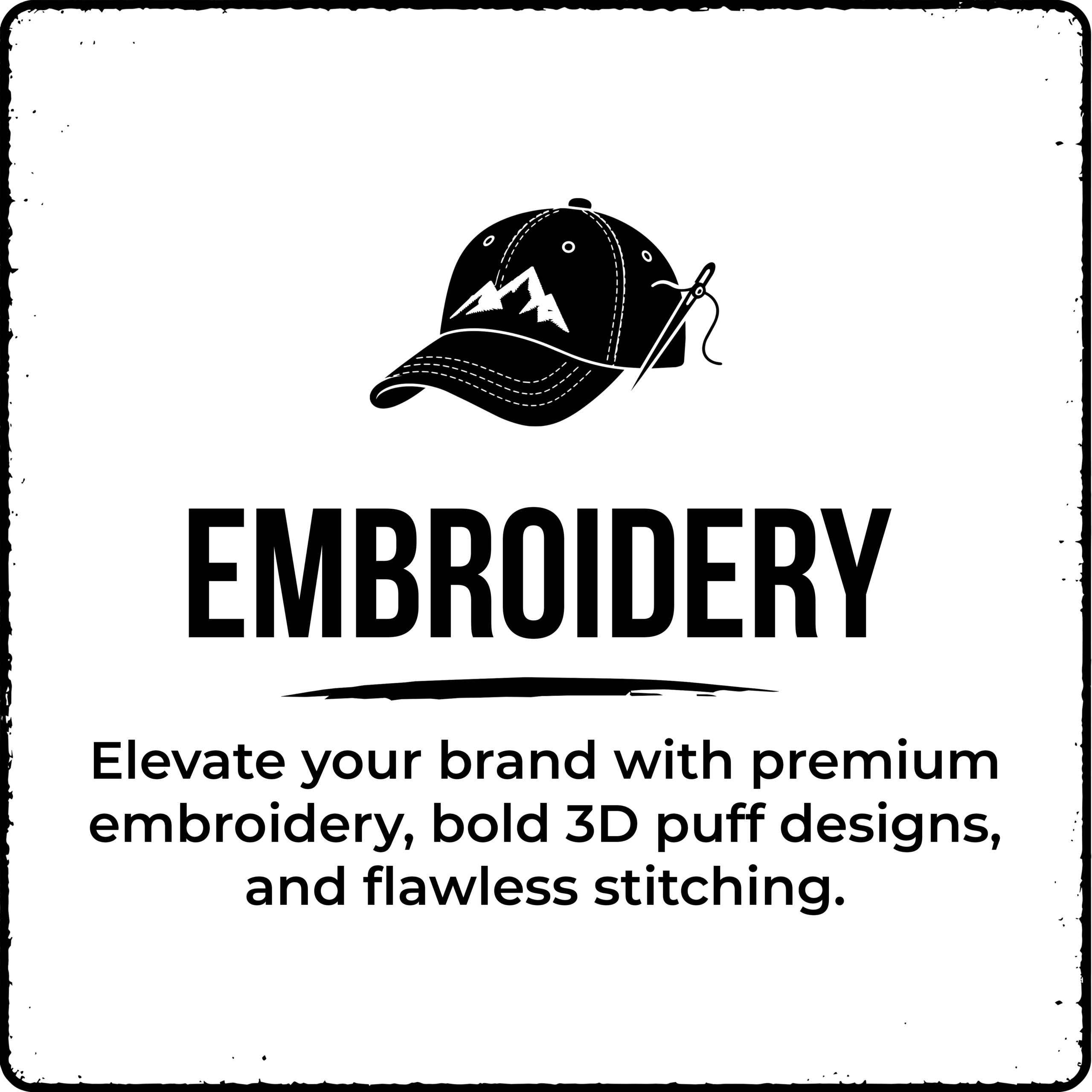 Custom embroidery services featuring premium stitching, 3D puff embroidery, embroidered hats, polos, jackets, and branded apparel.