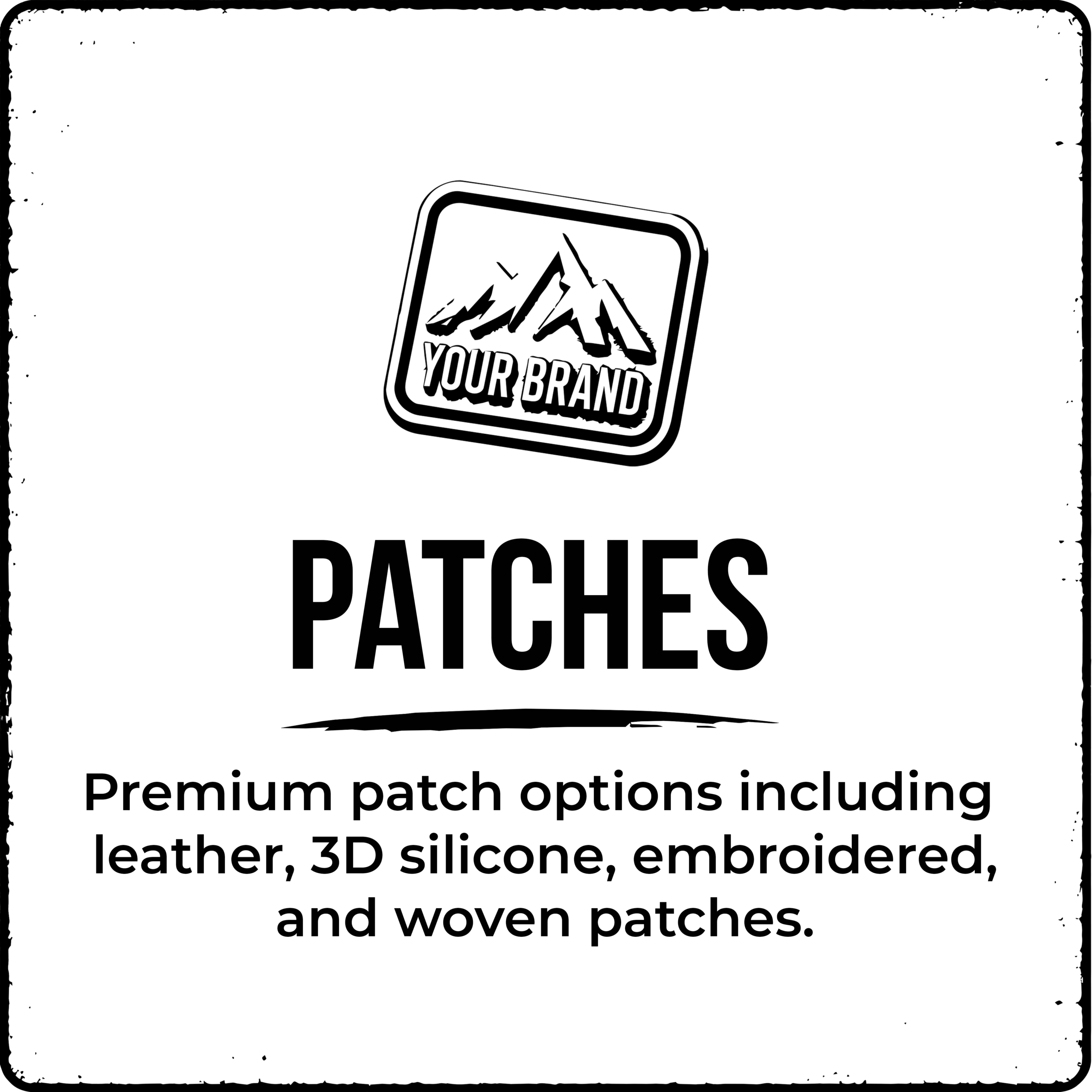 Custom patches including leather patches, 3D silicone patches, embroidered patches, woven patches, and branded apparel patches.