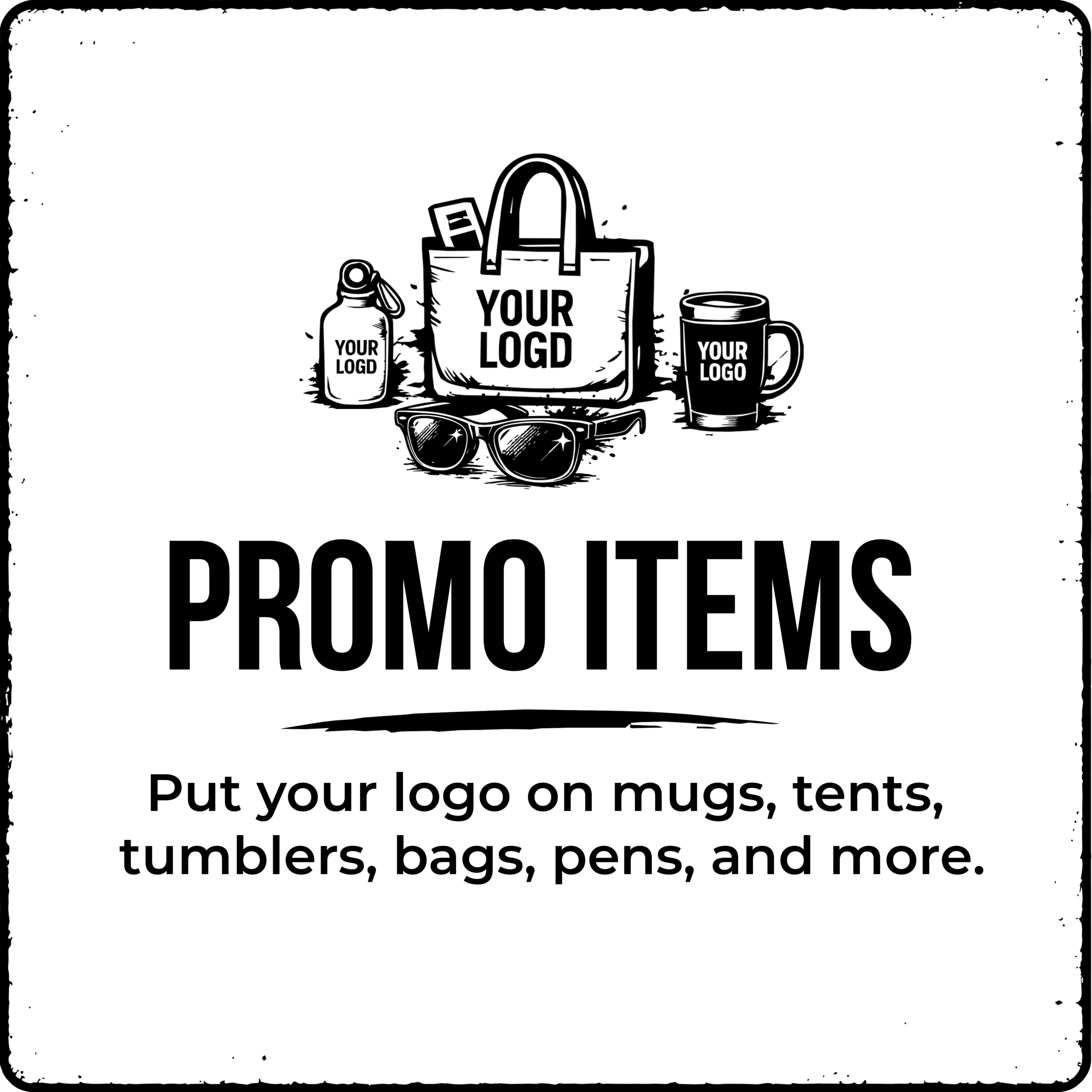 Custom promotional products including branded drinkware, pens, bags, office supplies, giveaways, and corporate merchandise.