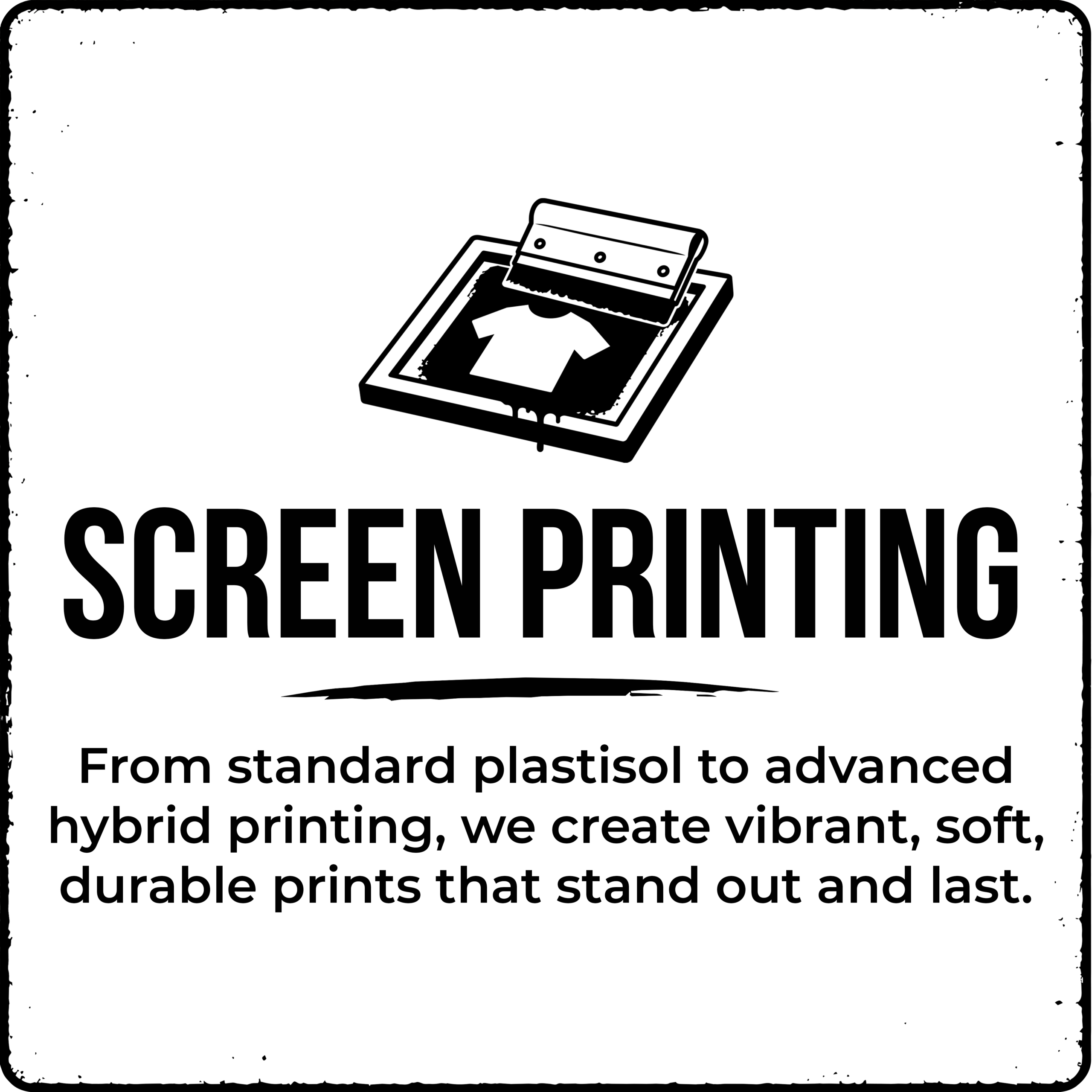 Custom screen printing and hybrid printing services featuring vibrant colors, soft-hand prints, specialty inks, and retail-quality apparel decoration.
