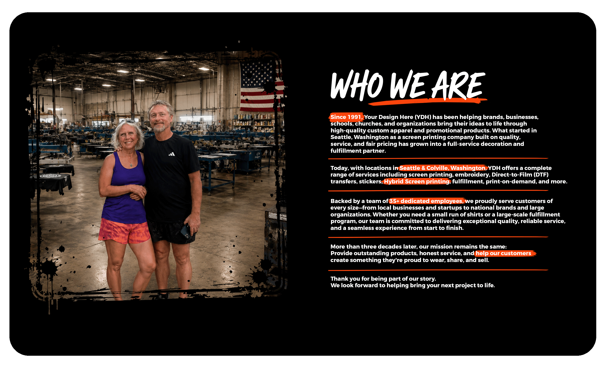 Your Design Here founders standing inside a large commercial screen printing facility with automatic presses and American flag backdrop.