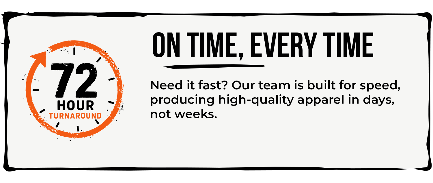 Fast turnaround custom apparel printing with premium quality screen printing, embroidery, and DTF transfers delivered in days, not weeks.
